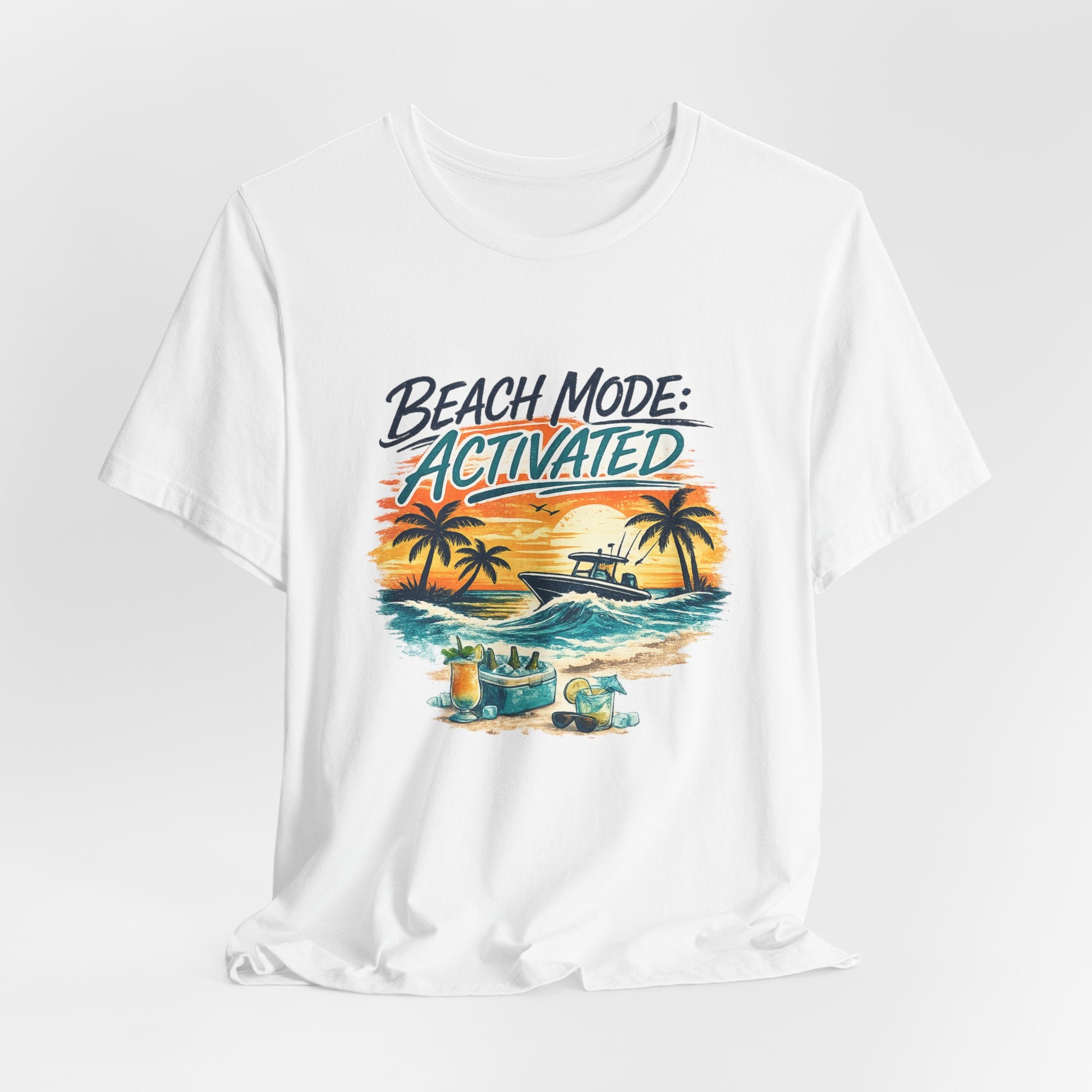 Beach Mode Activated T-Shirt — Tropical Sunset Palm Tree Vacation Tee