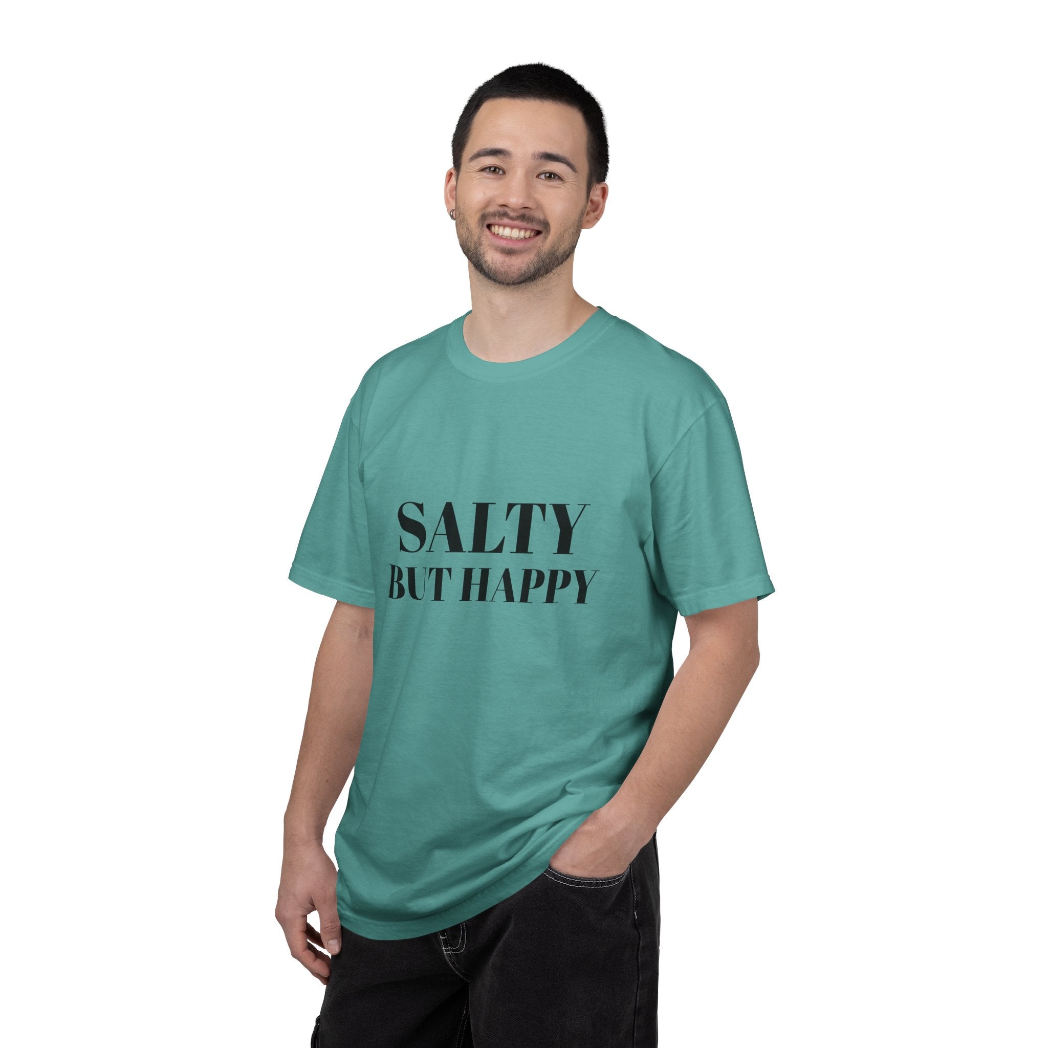 Salty But Happy Tee — Casual Graphic T-Shirt with Bold Text